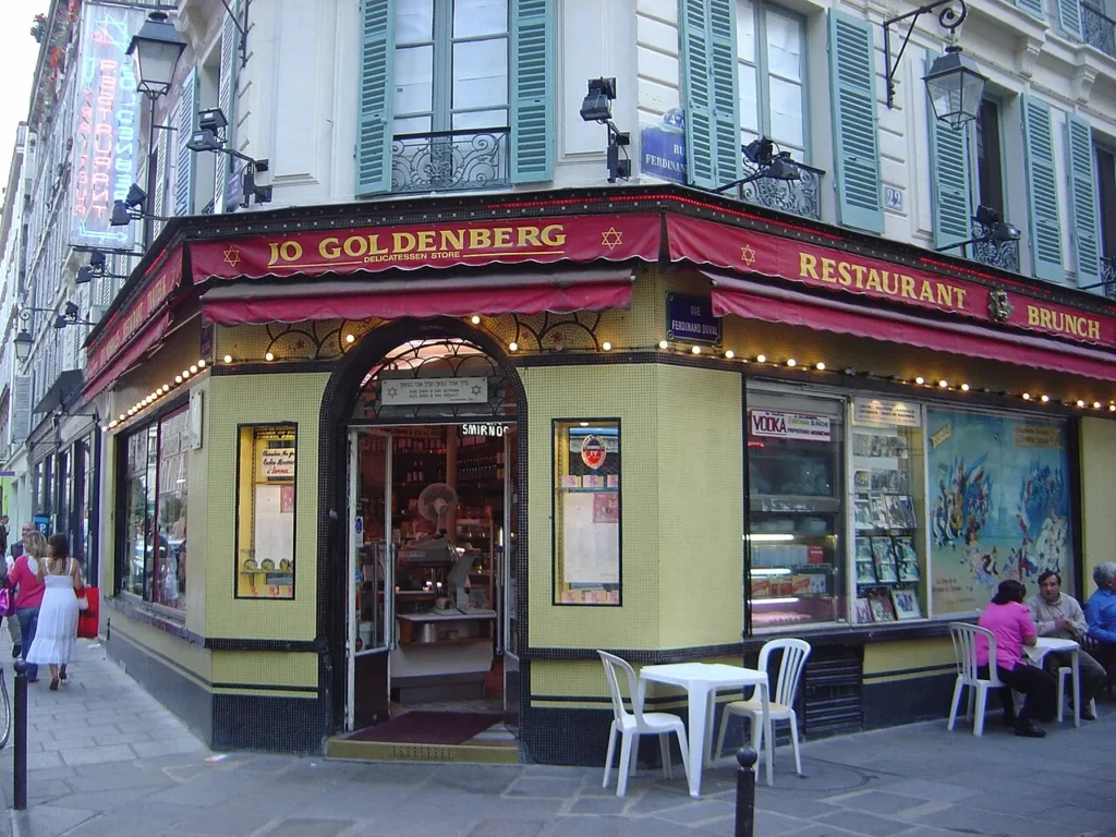 Former Jo Goldenberg restaurant façade on Rue des Rosiers.