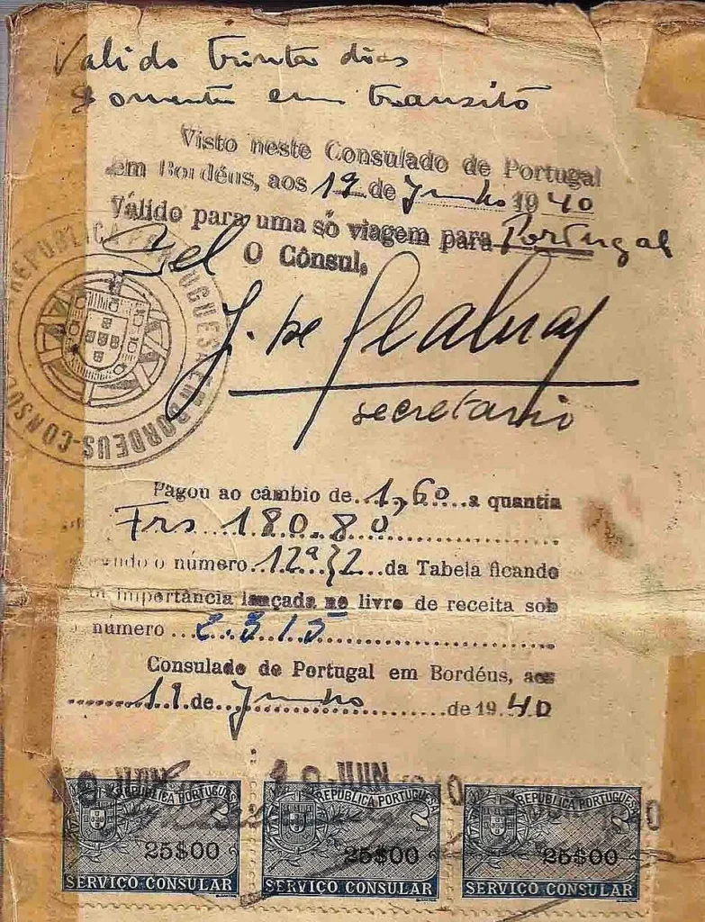 Visa issued by Aristides de Sousa Mendes in June 1940.