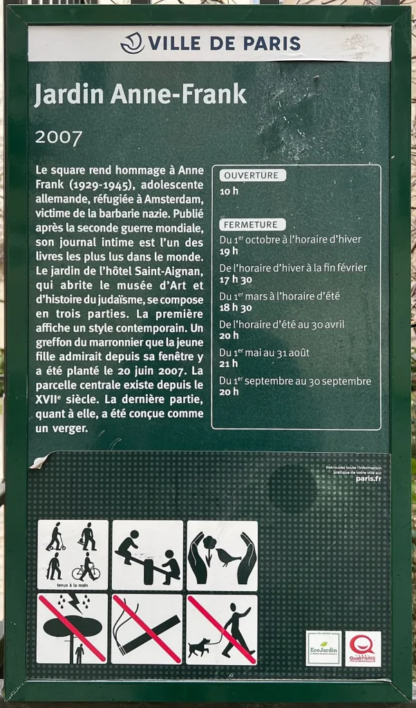 Sign marking the Jardin Anne Frank in Paris.