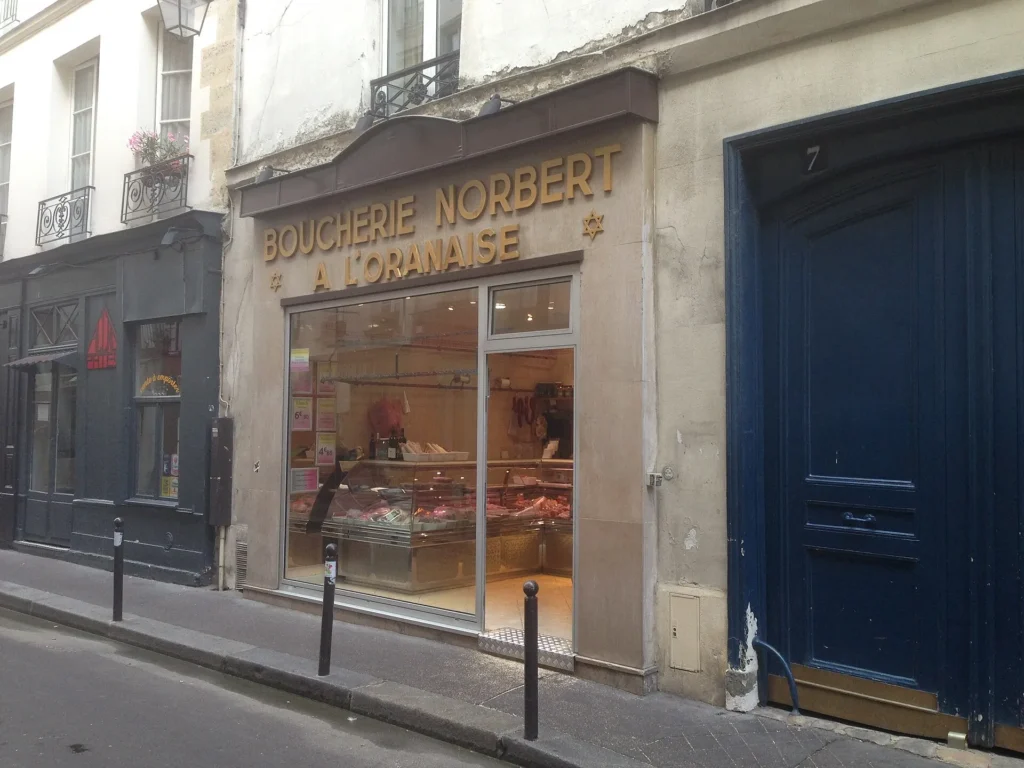 Kosher butcher shop on Rue des Écouffes.